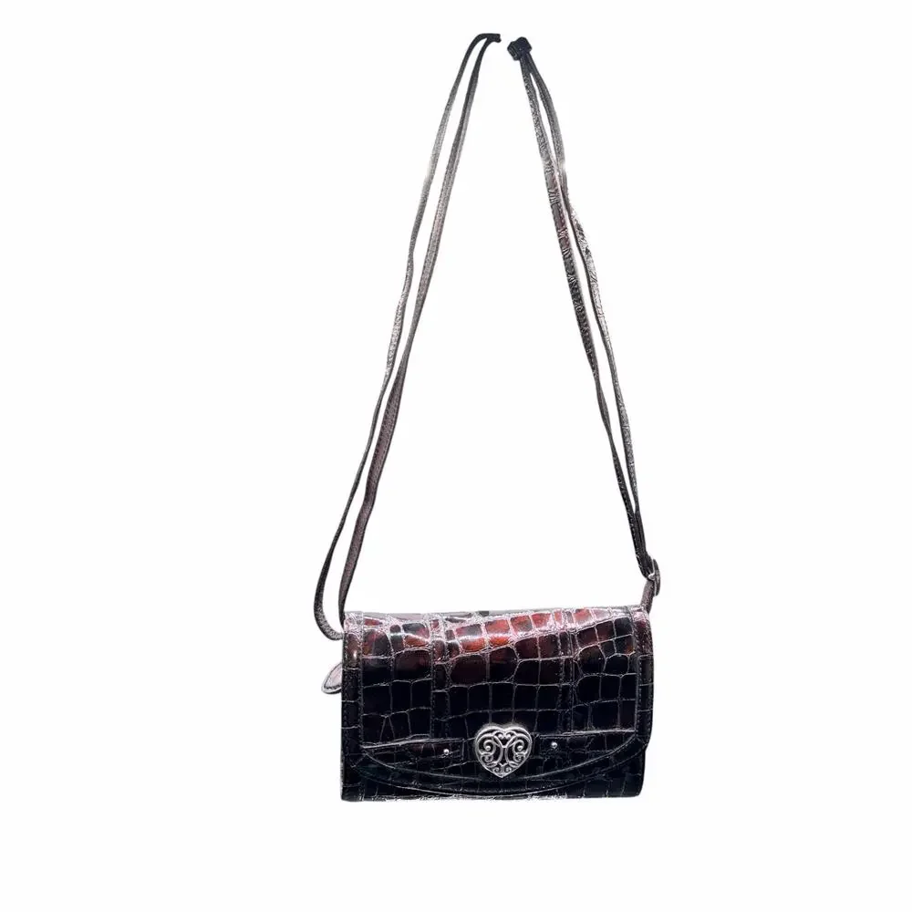 Brighton Croc Embossed Brown Leather Wallet Crossbody Heart Clasp